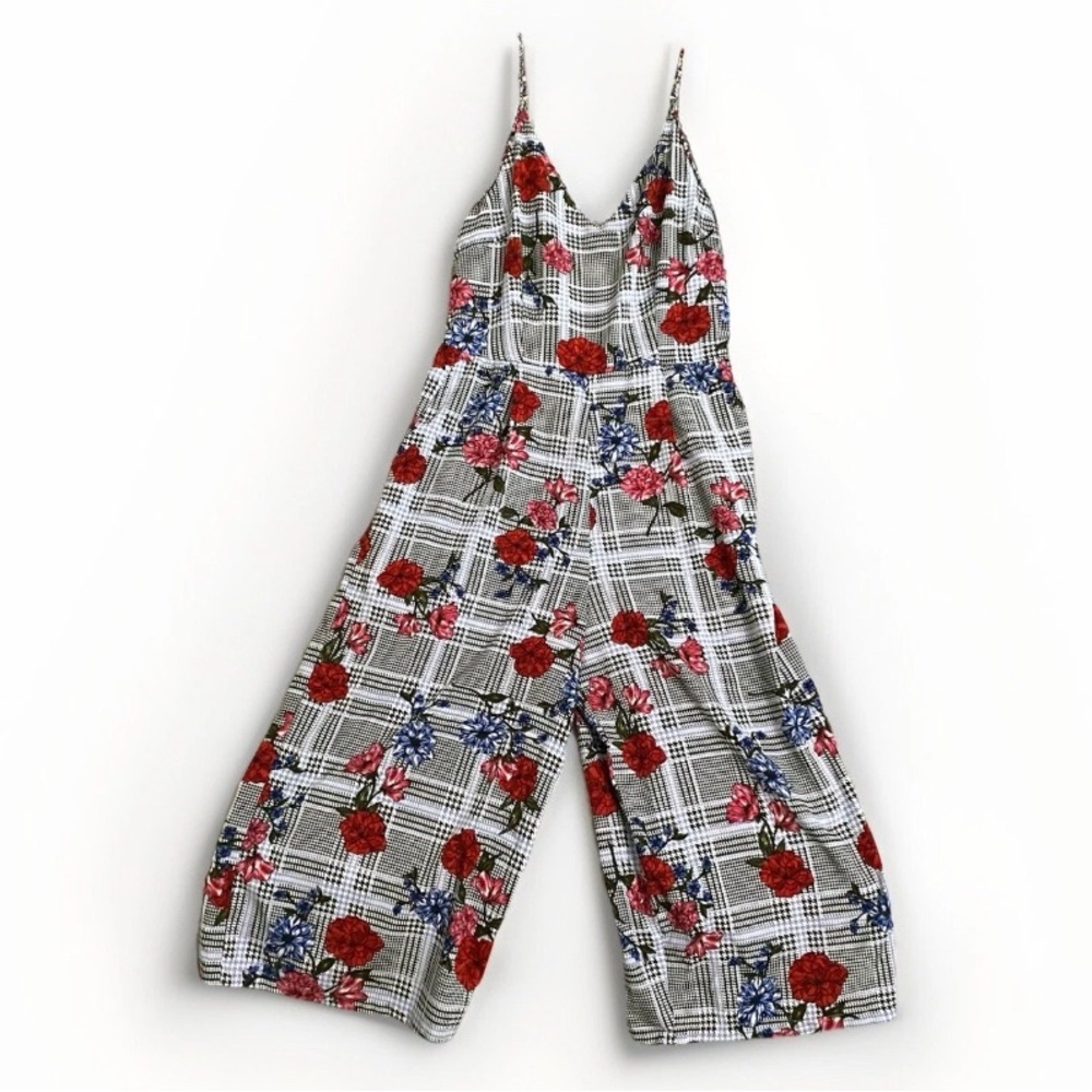JAPNA Women's Boho Floral Jumpsuit M Black & White Checkered Pattern w Flowers‎